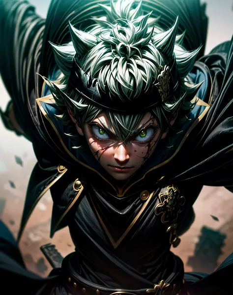 (1boy, solo, alone), (Best Quality), Asta Black Clover, Super Detail, High Resolution 8K, (finely detail:1.3), Looking at Viewer, Upper Body, Dark Fantasy City, very short gray and white shaggy hair, Detalized Face, anime, with buckle and tape, bloodborne,...