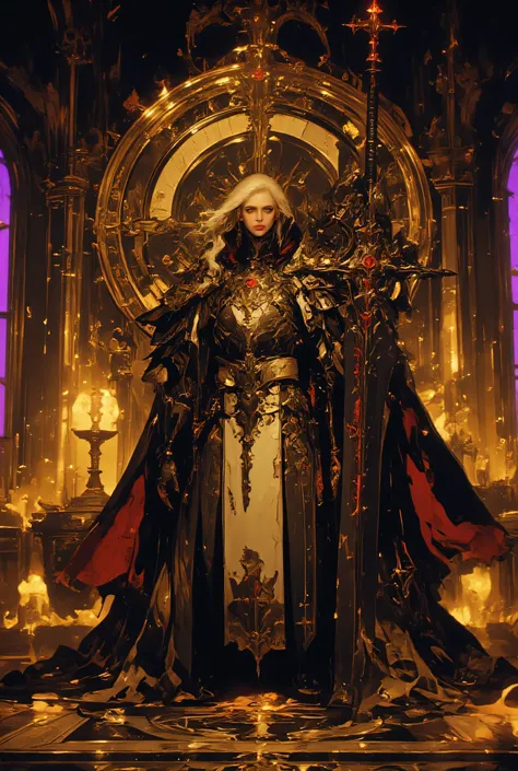Elric VIII, 428th Emperor of Melniboné, stands tall in ornate bronze scale mail, milk-white hair flowing, deep blood-red eyes burning with intelligence, holding the 5-foot black blade Stormbringer, adorned with glowing red sigils, amidst a crystal palace ...