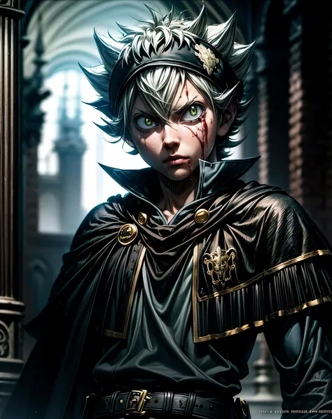 (1boy, solo, alone), (Best Quality), Asta Black Clover, athletic, Super Detail, High Resolution 8K, (finely detail:1.3), Looking at Viewer, Upper Body, Dark Fantasy City, very short gray and white shaggy hair, Detalized Face, anime, with buckle and tape, b...