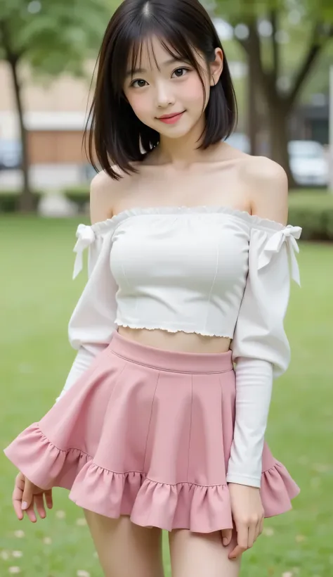 live-action、Highest Quality、Ultra High Definition、8K、front view、full body photo、con、garden、girl、elementary school student、gardenの中を走る、 skirt flutters 、(the skirt flips up in the style:1.mile、可愛いsmile、 Raccoon Face 、black hair、Chignon Hair、 has bangs、Whiten...