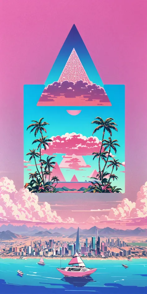 vaporwave怪诞美学,High saturation color,David bust sculpture head and body separated, double contact, 商品ocean报,High saturation color,futuristic city, English title,fantasy, matrix, desert, ocean, pyramid,Retro screen close-up,coconut tree,24th century,Strong ...