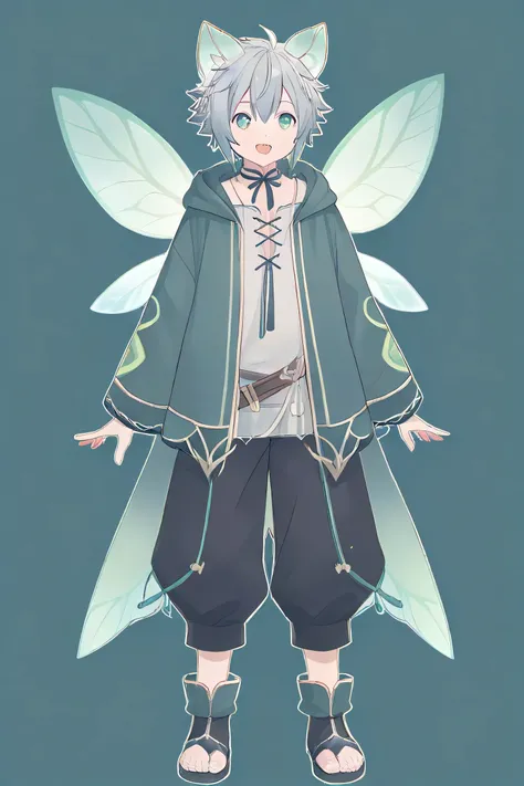 full body、upright、 Arms on Both Sides 、with meteors、simple background、Highest Quality、only 1 male、open your mouth、 deep green eyes、Fairy Ears、grey hair、Wolfhair、Casual Outfit、smile、 small 