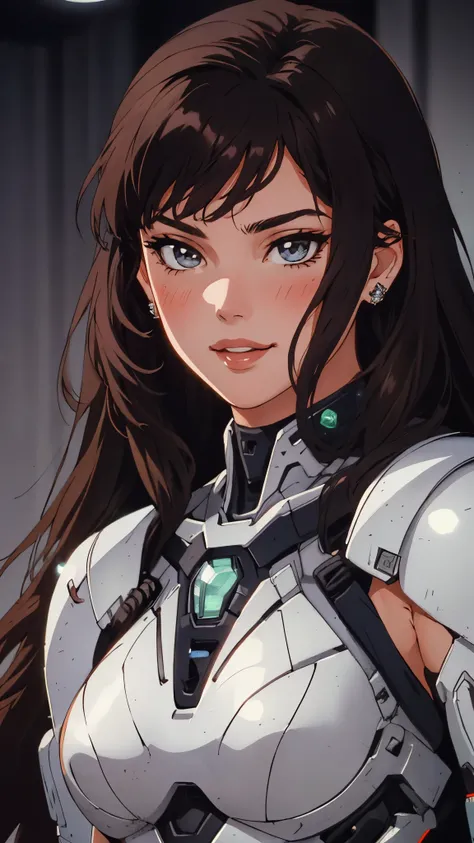 masterpiece, best quality, a beautiful woman with long shiny hair, choppy bangs, delicate face, passionate gaze, perfect smille, blush, seductive expression, tall and fit figure, perfect body, perfect skin, seductive pose, sexy Futuristic Technological Nan...