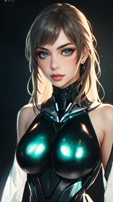 masterpiece, best quality, a beautiful woman with long shiny hair, choppy bangs, delicate face, passionate gaze, perfect smille, blush, seductive expression, tall and fit figure, perfect body, perfect skin, seductive pose, sexy Futuristic Technological Nan...