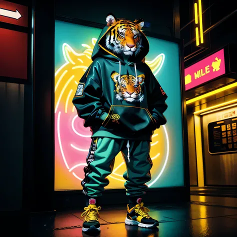 ultra-detailed anthropomorphic tiger, full animal body with fur, wearing streetwear hoodie and sneakers, neon graffiti style, bold outlines, cyberpunk city backdrop, subway station, gritty urban lighting, no human skin, no human features, cartoon-style