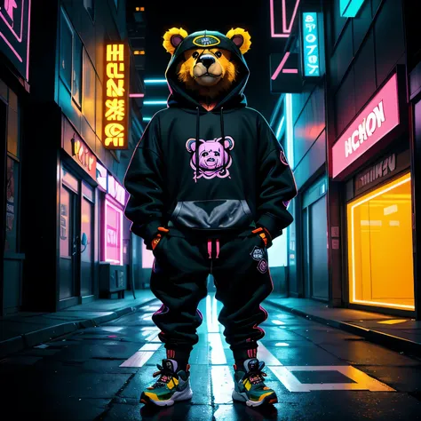 ultra-detailed anthropomorphic bear character, cartoon-style with animal fur covering entire body, standing upright in human body form, wearing streetwear hoodie and sneakers, neon graffiti aesthetic, bold outlines, dark cyberpunk alleyway, moody urban lig...