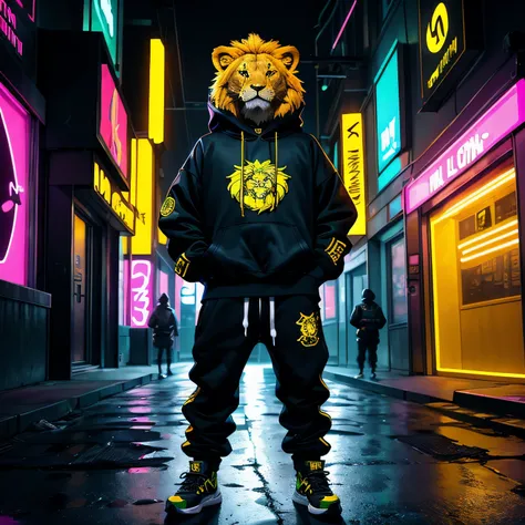 ultra-detailed anthropomorphic lion character, cartoon-style with animal fur covering entire body, standing upright in human body form, wearing streetwear hoodie and sneakers, neon graffiti aesthetic, bold outlines, dark cyberpunk alleyway, moody urban lig...