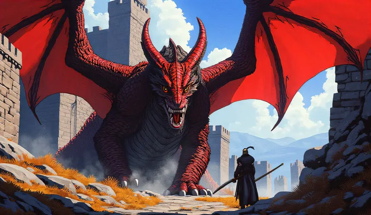 img_2384.cr2: ((obra-prima)), ((Ultra-detailed, 8K quality)), pixel art style,  epic fantasy scene , massive red dragon with black and gray scales, wide bat-shaped wings, fierce eyes, medieval castle ruins in the background, a lone warrior wielding a shini...