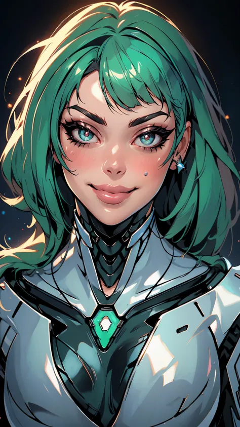 masterpiece, best quality, a beautiful woman with long shiny hair, choppy bangs, delicate face, passionate gaze, perfect smille, blush, seductive expression, tall and fit figure, perfect body, perfect skin, seductive pose, sexy Futuristic Technological Nan...
