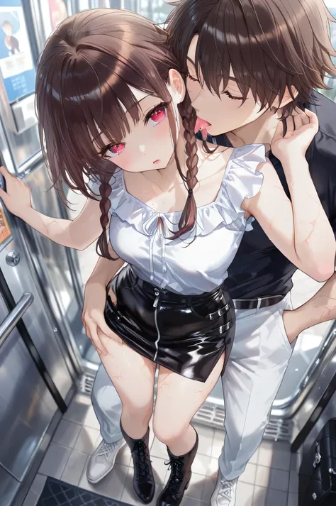 one girl、delicate、standing、Japanese style black skirt、leather boots、brown hair、braids、red eyes、ties、ruffled shirt、White Pants、Panchira、embarrassing、full body、chest rubbed、you can touch your thighs、you can roll up your skirt、ear licking、deep kiss、climax、rap...