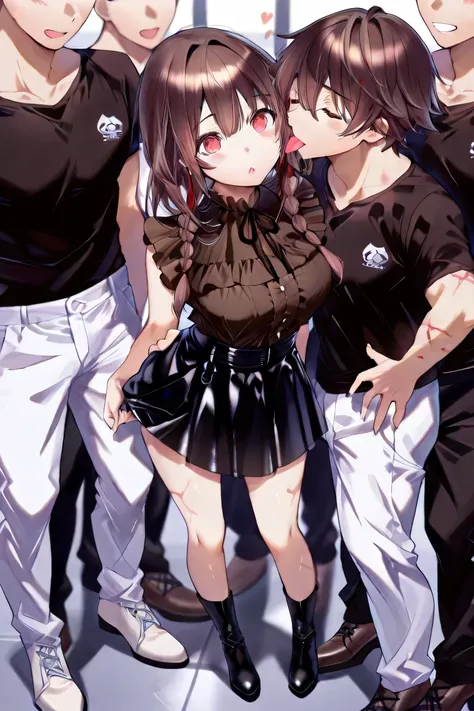 one girl、standing、Japanese style black skirt、leather boots、brown hair、braids、red eyes、ties、ruffled shirt、White Pants、Panchira、embarrassing、full body、chest rubbed、you can touch your thighs、you can roll up your skirt、ear licking、deep kiss、climax、rapes、Molest...