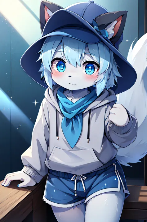boy,青いfur,animalの耳,8K High Resolution,blue shorts, grey hoodie,hat,fur,blue neckerchief,Grey Dog Tail,Pretty Beast,animal, lots of light blue ,Sparkling Eye