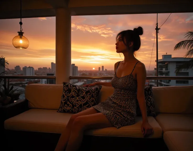 Overlooking the city, mountain sunset, exquisitely detailed and beautiful photo, (Large prominent perky breasts squeezing together to show cleavage) Flash photography, gyaru, Aesthetically pleasing cinematic composition, epic perspective, dramatic lighting...