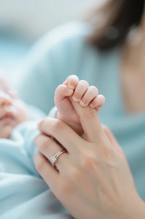 only hands image,A baby's hand gripping its mother's finger,mother's hand with a wedding ring,blurry baby background