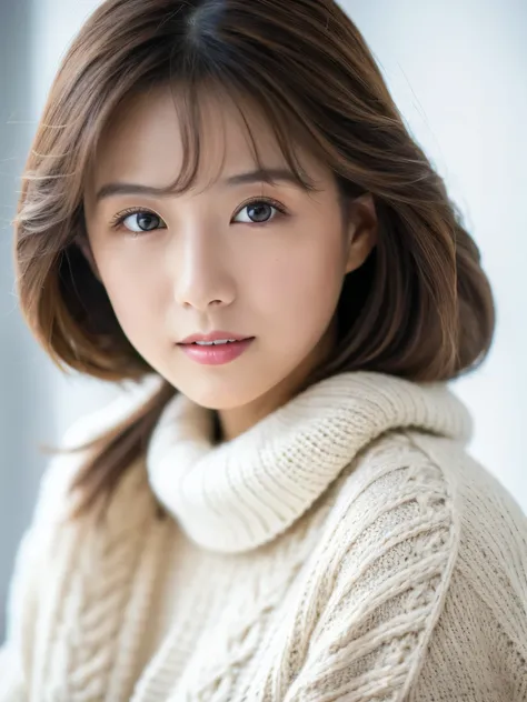 Young Japanese Woman, 30th Generation, White Background, White brown hair, thin, 4K, In 8K, high quality, beauty, Beautiful Eyes, High resolution,1 person, Wearing a knit, Winters, lipstick, Waist shot,