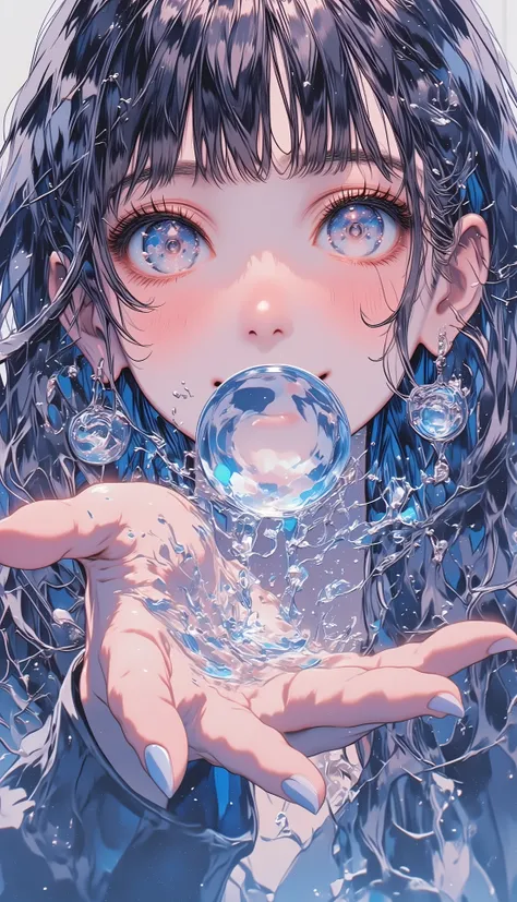 Water only comes out of the palm of the hand、a round mass of water larger than her face occurs and one girl looks at the viewer from the other side of the large round mass of water、the girl's face is vaguely visible in the water、Smile、Skin color、 beautiful...