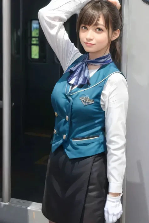 (masterpiece:1.2, Highest Quality :1.2), 32kHDR, Kampala, (alone、 1 girl on break day)、((10A woman in her late generation ))(what 、 professional light )、In-flight background、( realistic style wearing a Nankai Electric Railway crew uniform )、(( Nankai tra...
