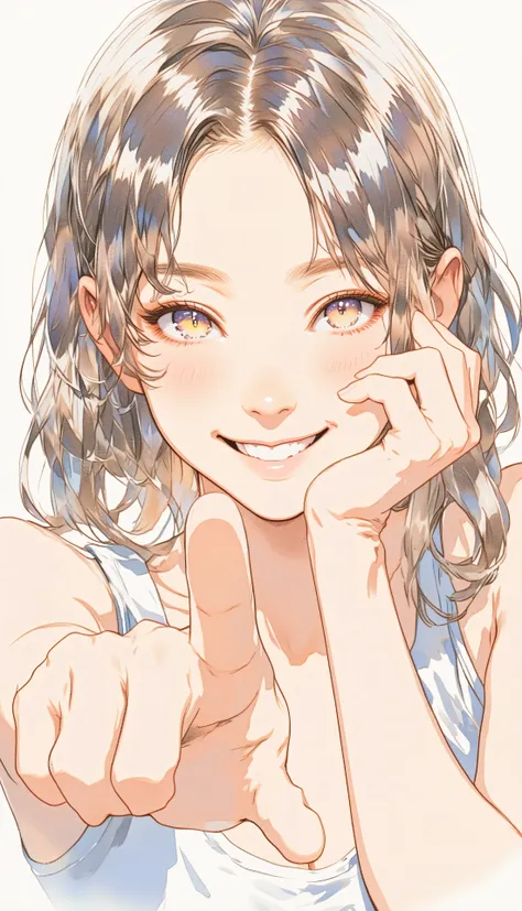 Hand centered drawing、Hands up、one girl、Smile、肌の色はSkin color、Thin Lipstick、I'm putting my hands up to the side of my face、I'm pointing my palm at the viewer、It's paring、Skin color、 beautiful hands、 pretty finger、((accurate finger drawing without defects))、...