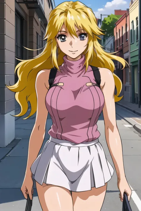 smile，Please Become Blonde。{{x}},Please draw her expression more delicately，walking alone，    city tour    ,，（（（She's wearing casual tourist attire）））， I have a SLR camera  ,（Let's draw a more delicate look），（sleeveless wool sweater），（ Pleated Legs，white p...