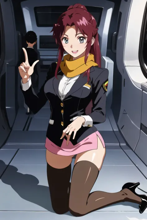 smile，The pink hair color is now more vivid、It's an accurate depiction of hands and feet、legged flight attendant uniform，Please draw her expression more delicately， dark blue panties ，（draw a more delicate expression），（Yellow Scarf），（     navy blue blazer，...
