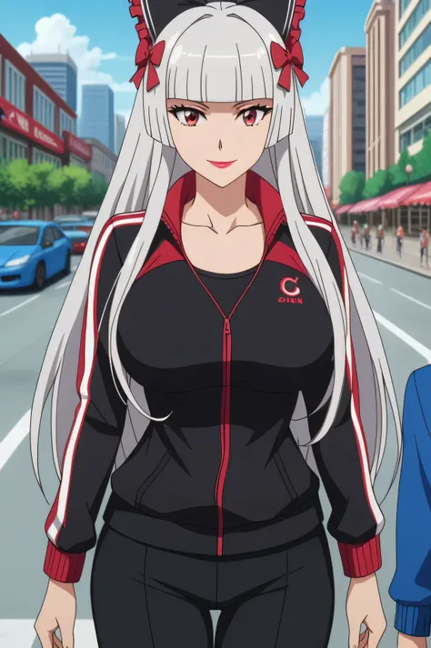 score_7_up, anime screencap,
 RoryMercury,
1girl, adult female, closed mouth, light smile,
long hair, silver hair, red eyes, hime cut, blunt bangs, lipstick, hair bow,
over shoulder, huge breasts, Sexy, outdoors , track jacket , brown eyes , black pants , ...