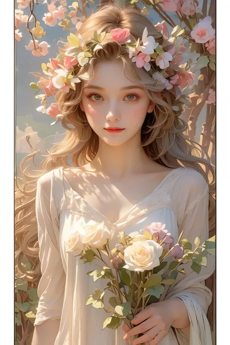 (Oil painting of a young, beautiful woman), striking portrait, (calm, gentle, girlish smile), (almost straight, medium-long silver-gray blonde hair), (close-up), glossy lips, (simple, urbane, sharp shirt), (slim figure), small necklace, soft spring sunligh...