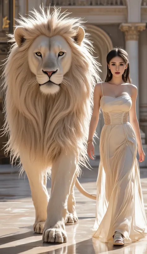 A majestic cream-colored lion, the lion is 10 times larger than the woman, walking in a luxurious palace hall, beside a futuristic fashion model in an elegant high-fashion editorial gown that matches the lion's cream tone, with soft golden highlights. The ...