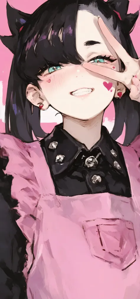 best quality, masterpiece, 748cmstyle, 1girl, heart facial mark, v over eye, wink, grin, nail polish, looking at viewer, turquoise eyes, pink nails, black hair, blush, upper body, smile, maid apron, collared dress, pink apron, assymmetrical bangs, short pi...