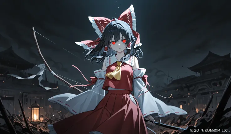 Draw Hakurei Reimu、 Hair、Wearing Hakurei Reimu's shrine maiden costume、's astonished expression、stares、(((Underexpose Lighting)))))、dark atmosphere、Beautifully delicate eyes,best quality, longer hair、Superb product、The ruined city after the explosion is in...