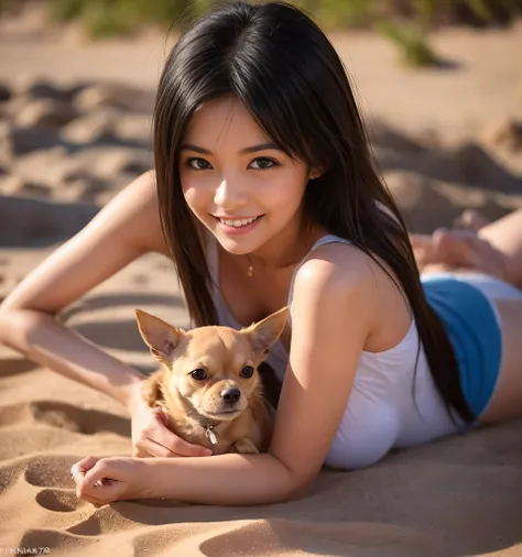 A woman lying on a sandy beach、A woman's whole body is holding a Chihuahua, ,, what?, とてもcute smileの女の子 , Beautiful young , BEAUTIFUL FACE - BEAUTIFUL BLACK HAIR , Shot with Nikon D750された写真 , Shot with Nikon D750 , cute smile