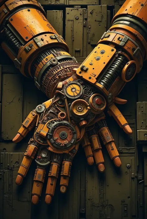 pair of intricate biomechanical hands, steampunk technology, highly detailed gears, pistons, and metal components, complex machinery, industrial atmosphere, warm lighting, moody colors, cinematic, concept art, digital art, 8K, ultra-detailed, photorealisti...