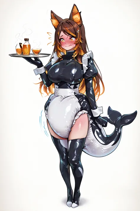 s1nd3r, wolf ears, animal ear piercing, large breasts, orange eyes, multicolored hair, streaked hair, brown hair, orange hair, swept bangs, sidelocks, long hair, ((orca diaper suit)), latex maid, embarrassed expression, blushing, holding a serving tray, fu...