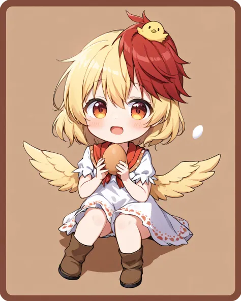 niwatari kutaka,1girl, chick, open_mouth, animal, boots, solo, feathered_wings, dress, holding, food, short_sleeves, brown_footwear, bird_wings, sitting, teeth, white_shirt, egg, bird_on_head, blush, chibi, dated, tomato
tar-shaped_pupils,symbol-shaped_pup...