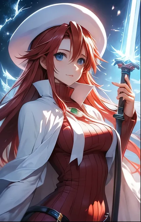 (((SFW、Highest quality、 first class masterpiece 、normal body 、32k、detailed face、super precise、normal hand、5 fingers、Highest)))、Atti(summon night)、Aty(summon night)、Beautiful Girl、Red-silver hair、 flowing hair 、beautiful breasts、slender、 slim、 can be used、r...