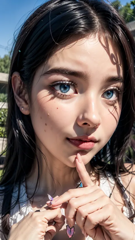 blue butterfly on the index finger (realista, photorealist, photo-realistic:1.37),