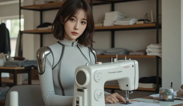 A female tailor with a human-like appearance, featuring natural skin tone, expressive eyes, and shoulder-length wavy hair. She is wearing a sleek, form-fitting outfit that subtly incorporates robotic elements: a light gray bodysuit with metallic accents on...
