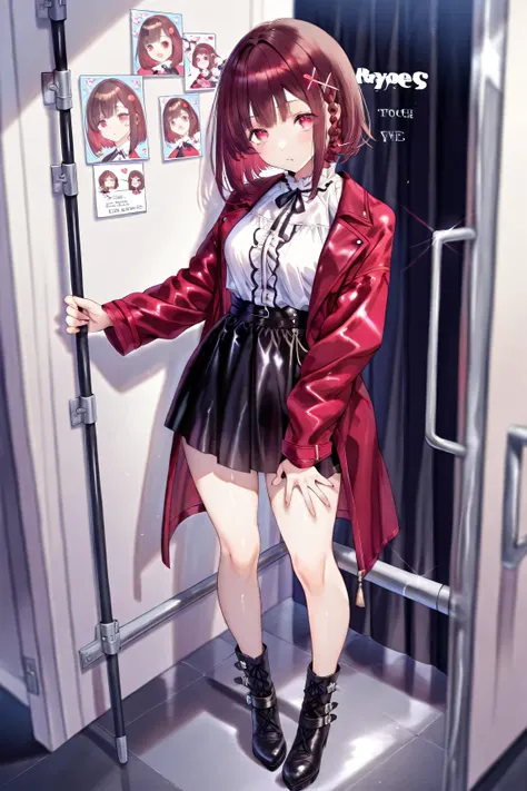 one girl、Japanese、delicate、standing、black skirt、Bare legs、leather boots、brown hair、Braid braid bob、red hair ornament、red eyes、red coat、ruffled shirt、embarrassing、patience、full body、you can touch your thighs、climax、deep kiss、rapes、restraint、Molester、masterp...