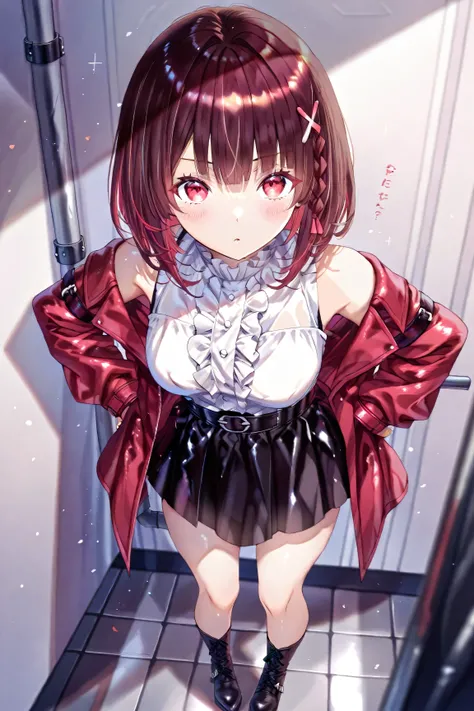 one girl、Japanese、delicate、standing、black skirt、Bare legs、leather boots、brown hair、Braid braid bob、red hair ornament、red eyes、red coat、ruffled shirt、embarrassing、patience、full body、you can touch your thighs、climax、deep kiss、rapes、restraint、Molester、masterp...