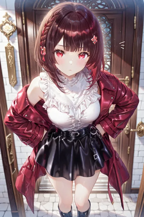 one girl、Japanese、delicate、standing、black skirt、Bare legs、leather boots、brown hair、Braid braid bob、red hair ornament、red eyes、red coat、ruffled shirt、embarrassing、masterpiece、Highest Quality