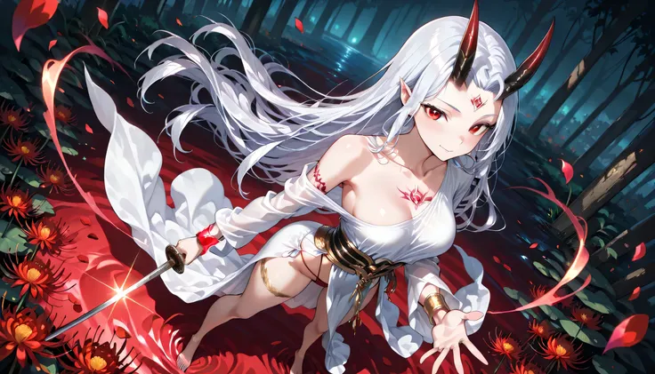 ((masterpiece, best quality, ultra detailed, high resolution, beautiful detailed face, beautiful detailed eyes, perfect hands, 4K)),(1 woman, solo), oni girl, one cute horn, (medium breasts), silver short messy shoulder-length hair, A beautiful oriental fa...