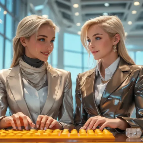 High Quality,4K,Ultimate Detailed Description,realistic,sexy posing wearing,HDR,professional ,vivid color,with bokeh,upper body shot of two beautiful 18-year-old white supermodels with platinum blond hair and blue eyes standing side by side, business style...