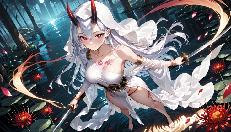 ((masterpiece, best quality, ultra detailed, high resolution, beautiful detailed face, beautiful detailed eyes, perfect hands, 4K)),(1 woman, solo), oni girl, one cute horn, (medium breasts), silver short messy shoulder-length hair, A beautiful oriental fa...