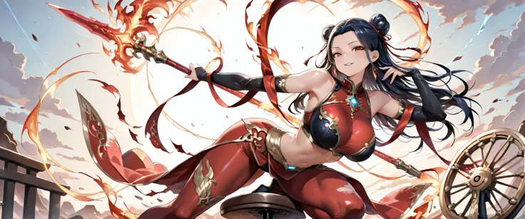 (masterpiece, best quality, ultra detailed, chinese mythology fantasy style, 4k), a fierce and enchanting female version of Nezha (Na Tra), riding atop her blazing flame wheels (Phong Hỏa Luân) high in the sky. Her pose is dynamic and commanding — one leg ...