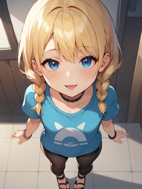 score_9, score_8_up, score_7_up, 1 girl on break day, very young girl, blue eyes, Inside leggings , god, wearing leggings, Blonde medium hair with two braids, very cute face, color, in high platform sandals and high heels, standing directly in front of th...
