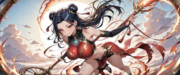 (masterpiece, best quality, ultra detailed, chinese mythology fantasy style, 4k), a fierce and enchanting female version of Nezha (Na Tra), riding atop her blazing flame wheels (Phong Hỏa Luân) high in the sky. Her pose is dynamic and commanding — one leg ...