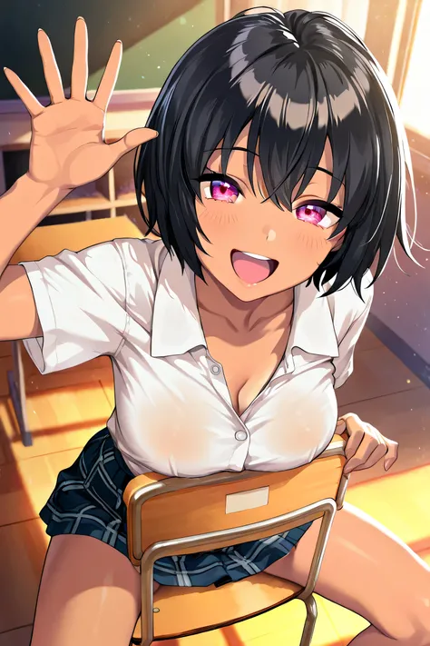 nsfw,anime,masterpiece, best quality, highly dramatic picture, beautiful eyes, cinematic lens effect, ultra cute, from above,school classroom background, 1 girl , (sitting backwards:1.2),waving,short hair,black hair,tan skin,white blouse,short sleeves,mini...