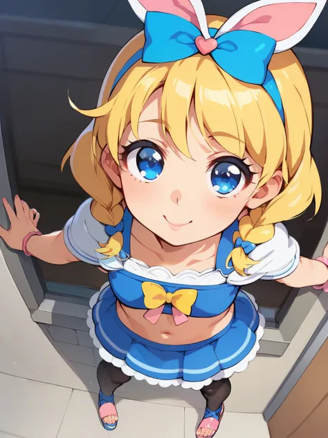 score_9, score_8_up, score_7_up, 1 girl on break day, very young girl, blue eyes, Inside leggings , god, wearing leggings, Blonde medium hair with two braids, very cute face, color, in high platform sandals and high heels, standing directly in front of the...