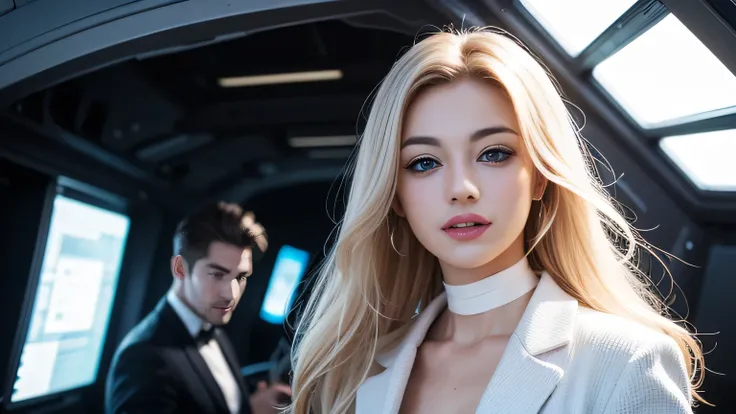 so that the face fits in the frame,head fits in frame,So that the hair fits in the frame, upper body shot of two beautiful 18-year-old white supermodels with blue eyes and platinum blond hair standing apart, business style (long-sleeved high neck shirt an...