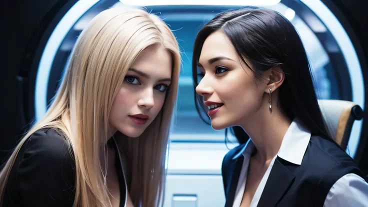 so that the face fits in the frame,head fits in frame,So that the hair fits in the frame, upper body shot of two beautiful 18-year-old white supermodels with blue eyes and platinum blond hair standing apart, business style (long-sleeved high neck shirt an...