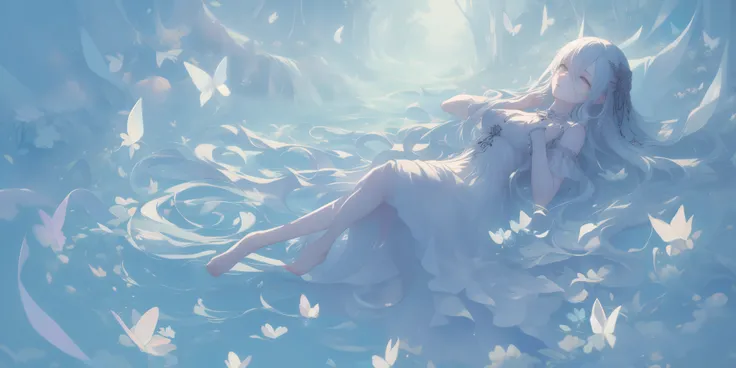 score_9,score_8_up,score_7_up,8k,Pastel colors,(((Full body illustration))),A full body illustration of an anime girl lying gracefully bleeding. Her eyes are open but lifeless, with a look of quiet acceptance. Delicate butterflies flutter around her, creat...